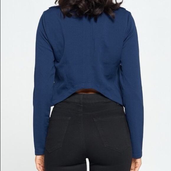 NWT Chocolate USA Cropped Jacket Womens L Navy Open Front Cutout Choker Moto - Picture 3 of 8